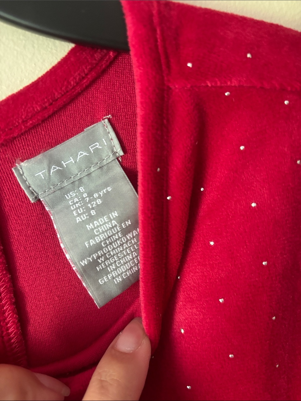 Tahari Girls' Red Velvet Tiered Dress with Silver Dots - Picture 3 of 7